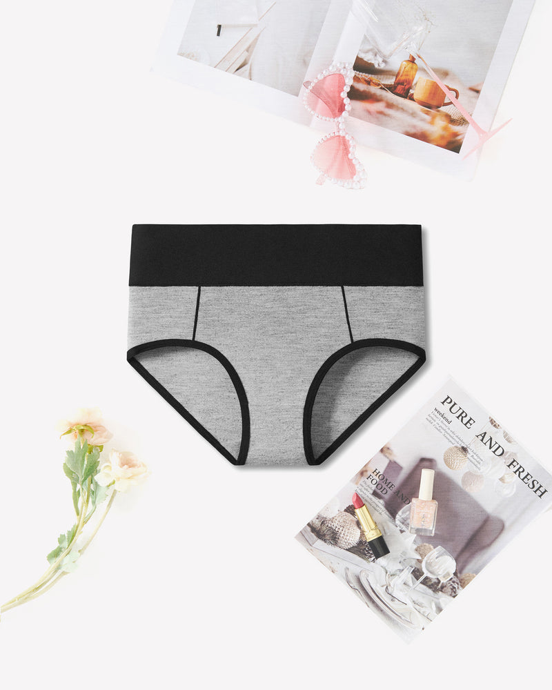High-waist cotton hipster panties, black-trimmed grey waistband and grey briefs