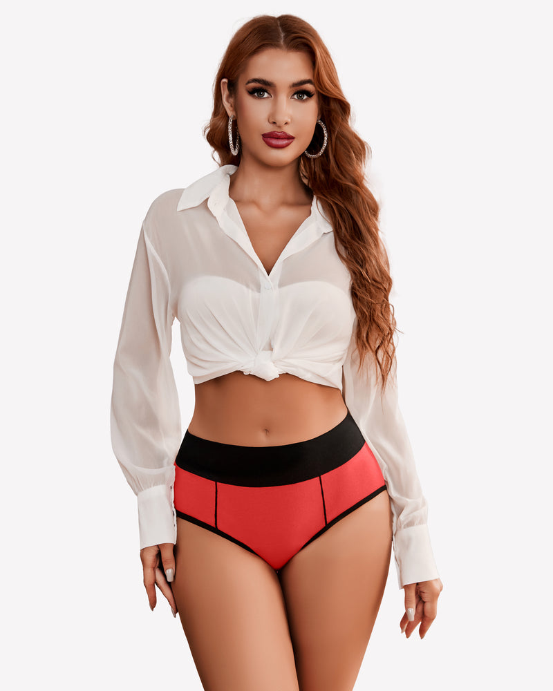 High-waist cotton hipster panties, black waistband and red briefs on model