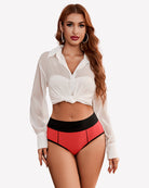 High-waist cotton hipster panties, black waistband and red briefs on model