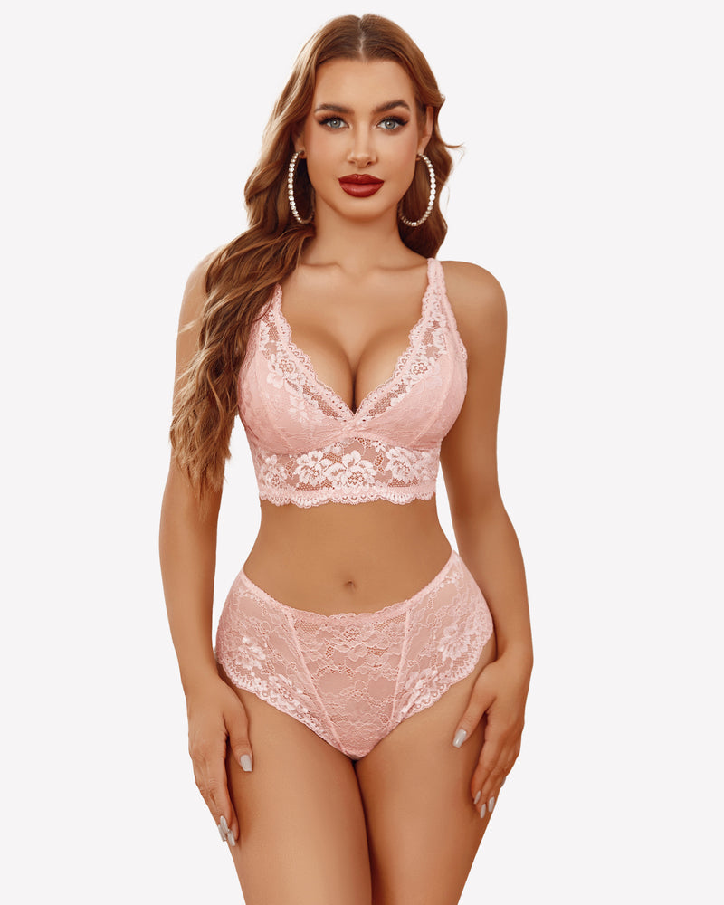 Light pink lace bra and panty set with V-neck plunge and scalloped trim