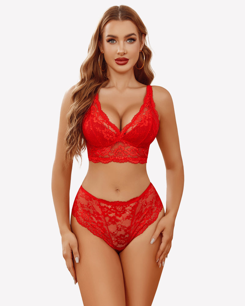 Red lace triangle bra and matching lace high-cut panty set