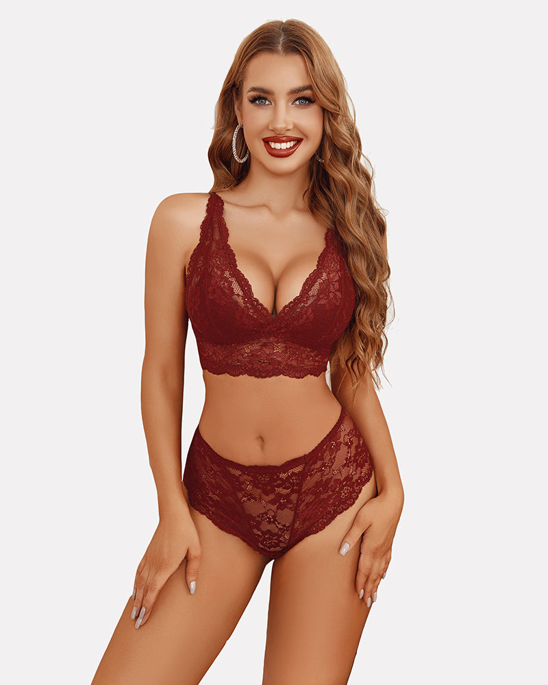 Burgundy lace V-neck bra with matching lace high-waist panties
