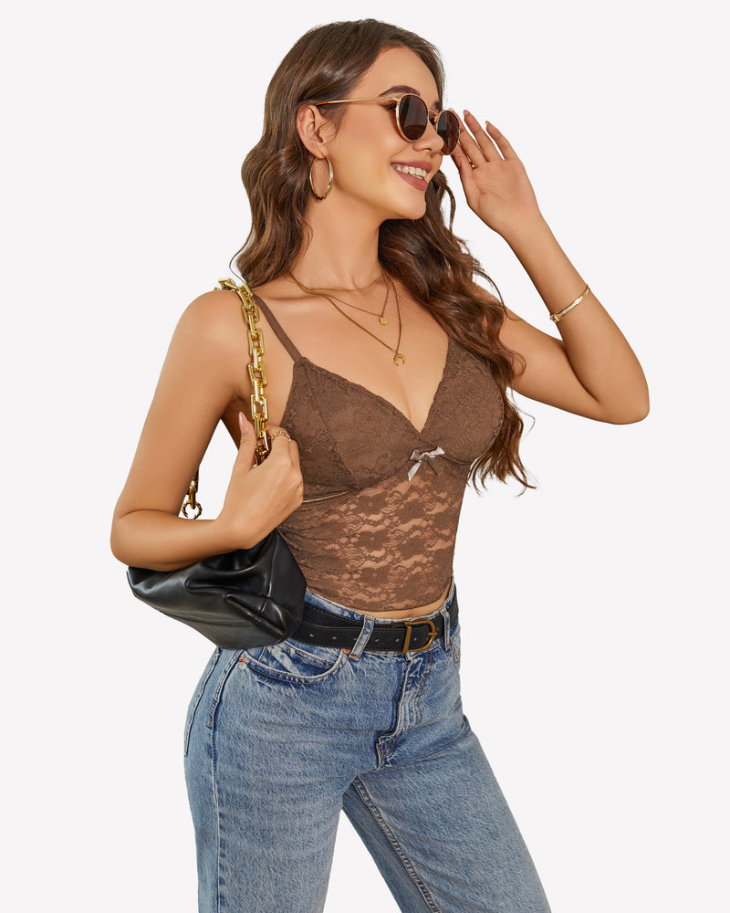 Brown lace crop camisole tank with V-neck and thin adjustable straps