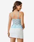 Light blue lace crop camisole tank with open back and thin adjustable straps