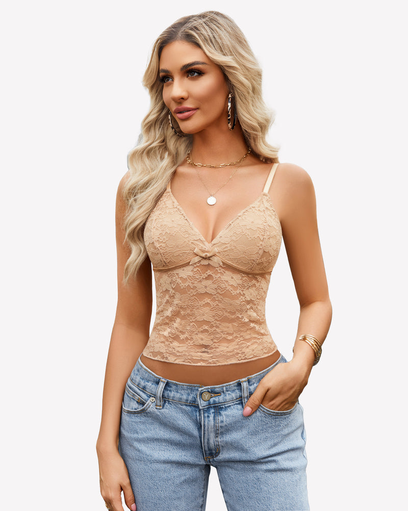 Beige lace V-neck camisole crop top with adjustable spaghetti straps and bow detail