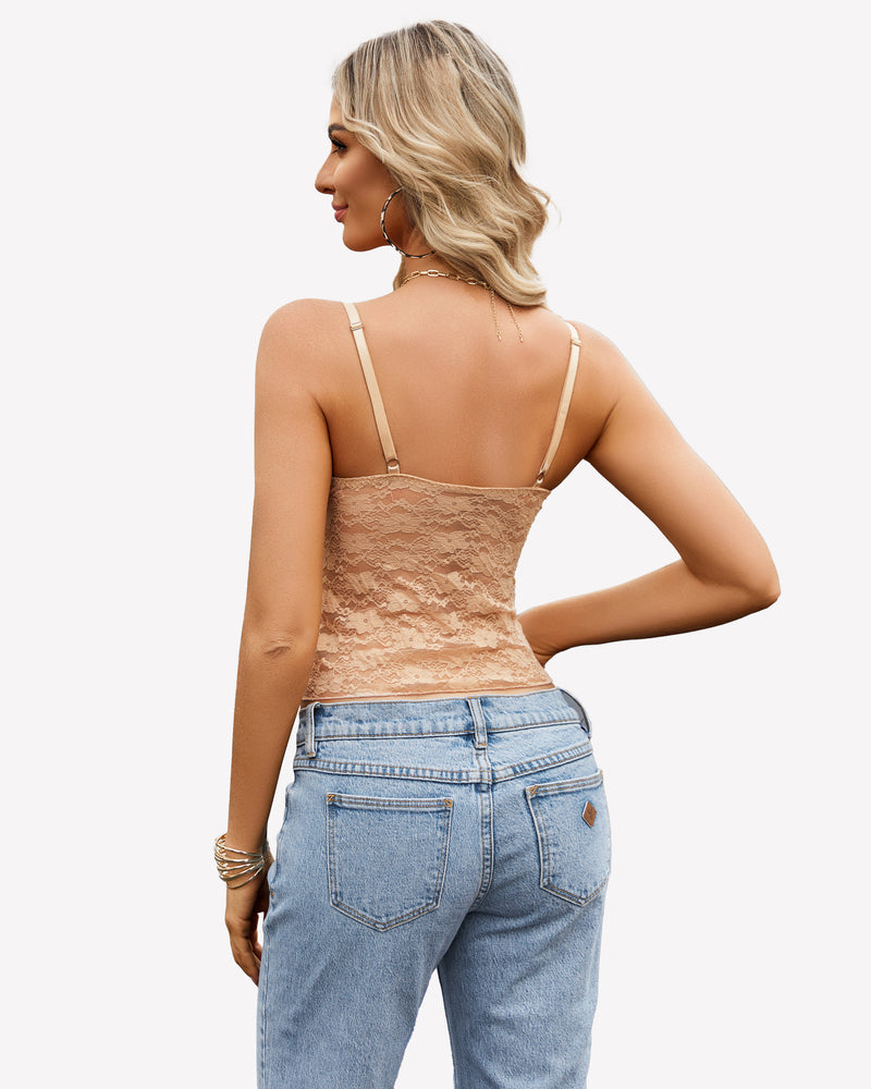 Beige lace camisole crop top with thin shoulder straps and lace back