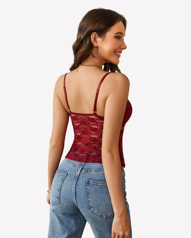Wine red lace crop camisole tank with low scoop back and adjustable spaghetti straps