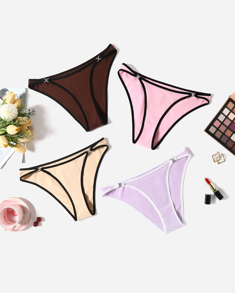 Low-rise cotton hipster panties set in brown, blush pink, beige, and lavender with piping
