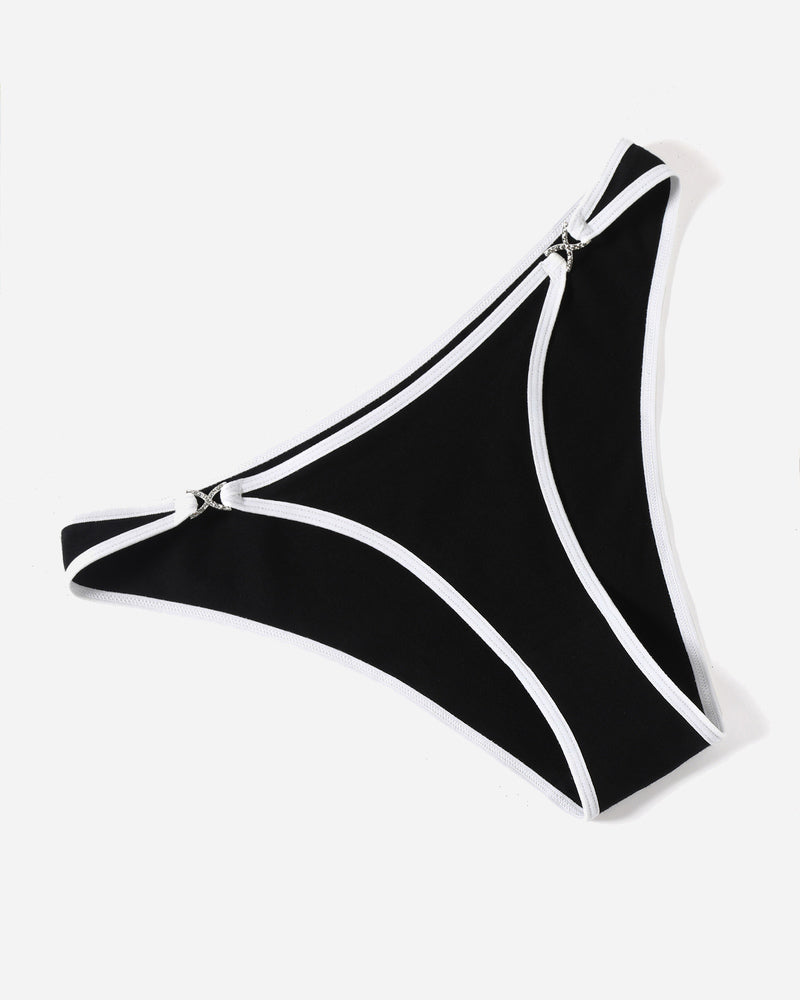 Low-rise cotton hipster panties, black with white piping and small bow at front