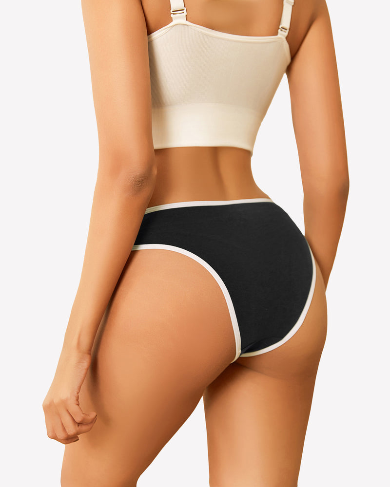 Low-rise hipster cotton panties, black with white contrast trim