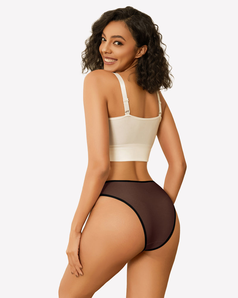 Low-rise hipster cotton panties, sheer dark with black contrast trim