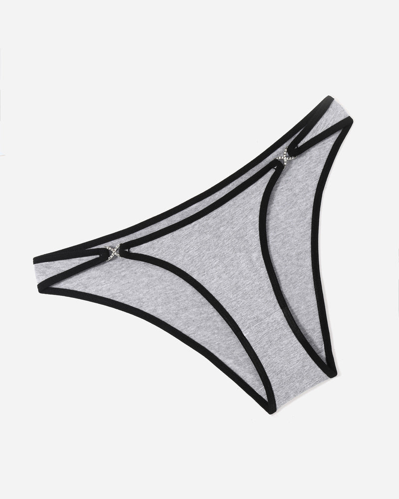 Low-rise cotton hipster panties, heather gray with black trim and small bow