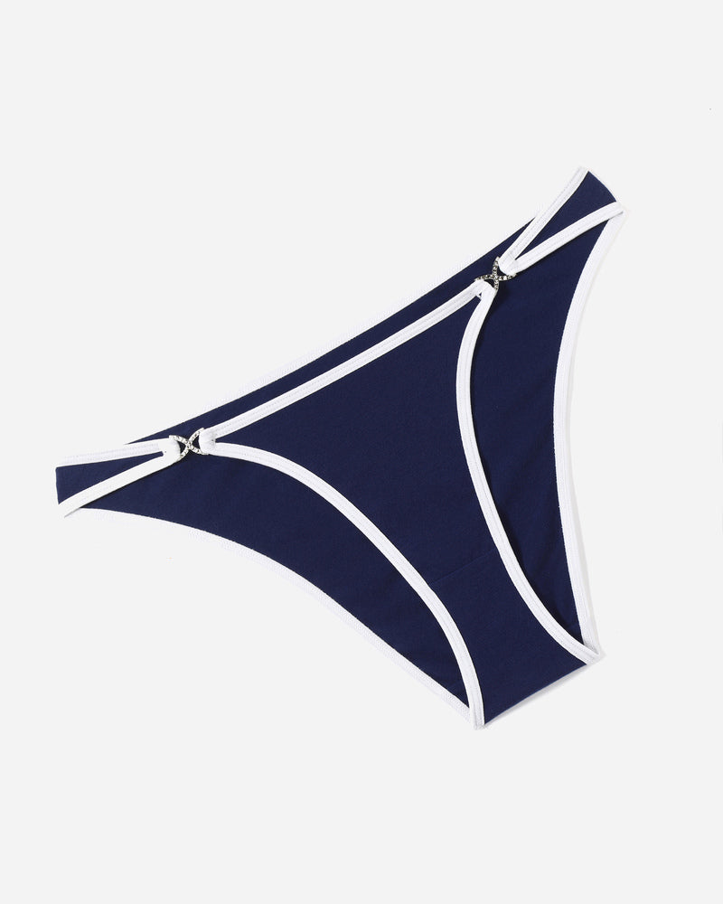 Low-rise cotton hipster panties, navy blue with white piping and bow detail