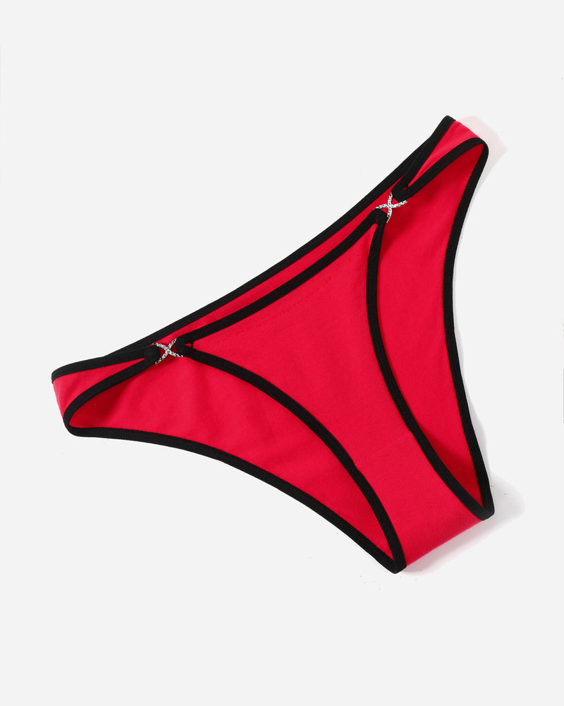 Cotton low-rise hipster panties in red with black contrast trim and bow details