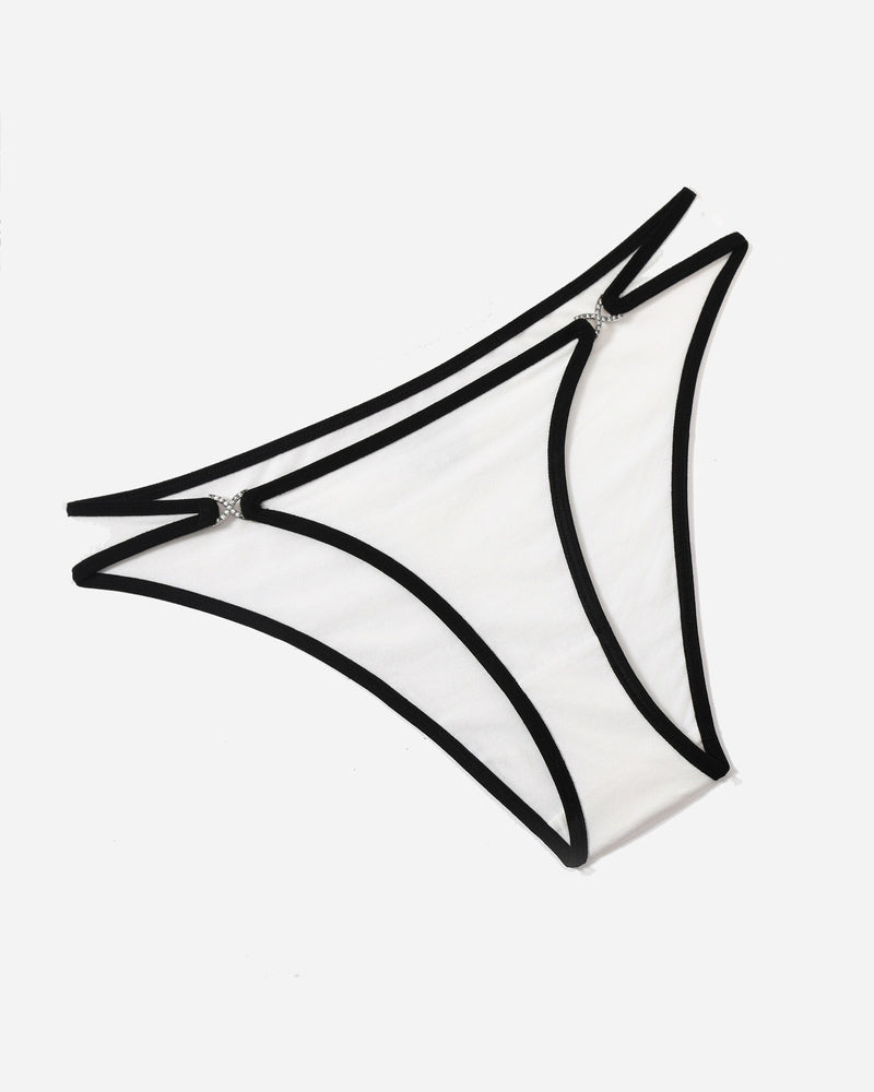 Cotton low-rise hipster panties in white with black contrast trim and bow details