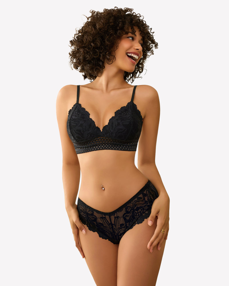Black lace bralette with V-neck and matching lace hipster panties
