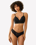 Black lace bralette with scalloped cups and matching lace hipster panties, front view