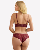 Burgundy lace bralette and matching lace hipster panties, back view