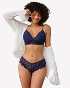 Dark blue lace bralette and matching lace panty set with scalloped trim