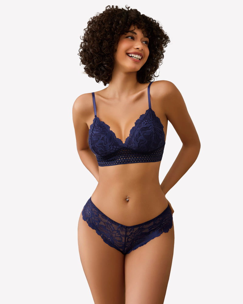Dark blue lace bralette and panty set with V-neck lace cups and scalloped edges