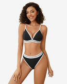 Black contrast bra and panty set with white V-trim and contrast elastic waistband