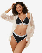 Black contrast bra and panty set with white V-trim and matching briefs waistband