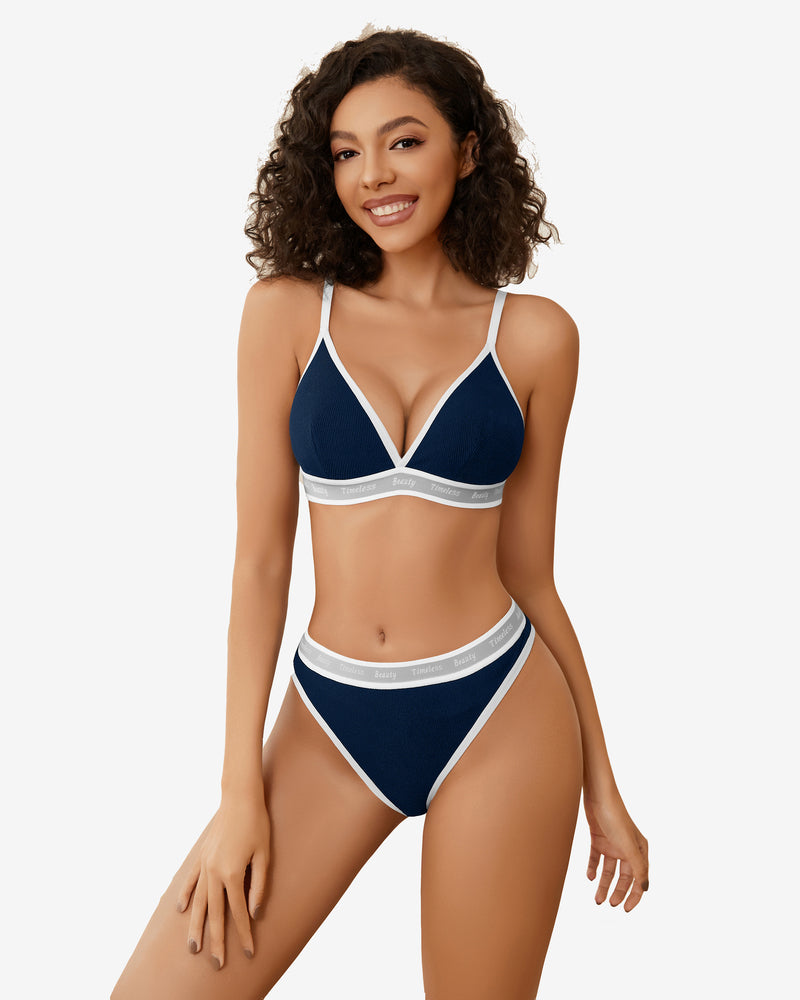 Contrast bra and panty set in dark blue with white trim and triangle cups