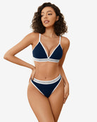 Navy blue contrast bra and panty set with white V-trim and matching elastic bands