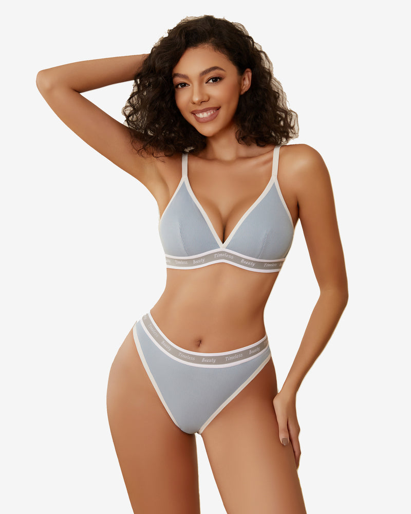 Contrast bra and panty set in light blue with white trim and triangle cups