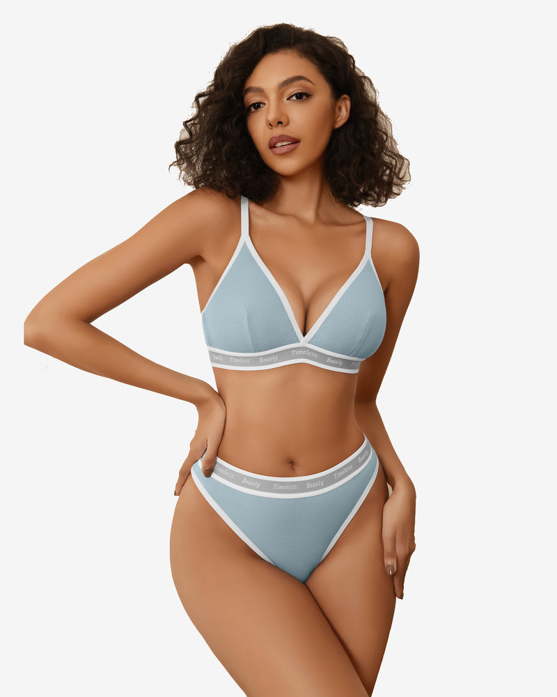 Contrast bra and panty set in light blue with white trim and triangle cups