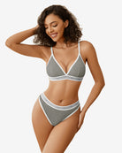 Grey contrast bra and panty set with white V-trim and matching elastic waistbands