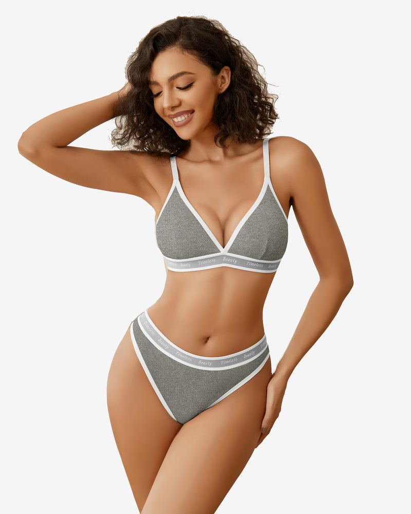 Grey contrast bra and panty set with white V-trim and matching elastic waistbands