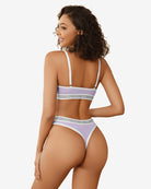 Light purple contrast bra and panty set, back view with white trim and elastic bands