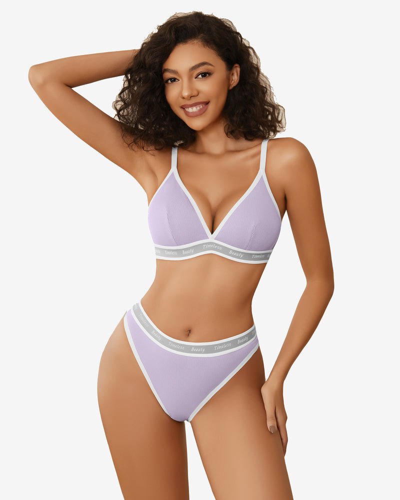 Light purple contrast bra and panty set with white V-trim and matching briefs waistband