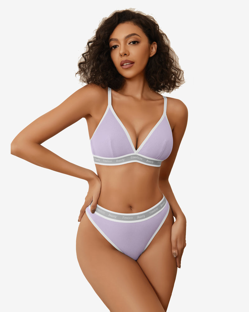 Contrast bra and panty set in light purple with white trim and triangle cups