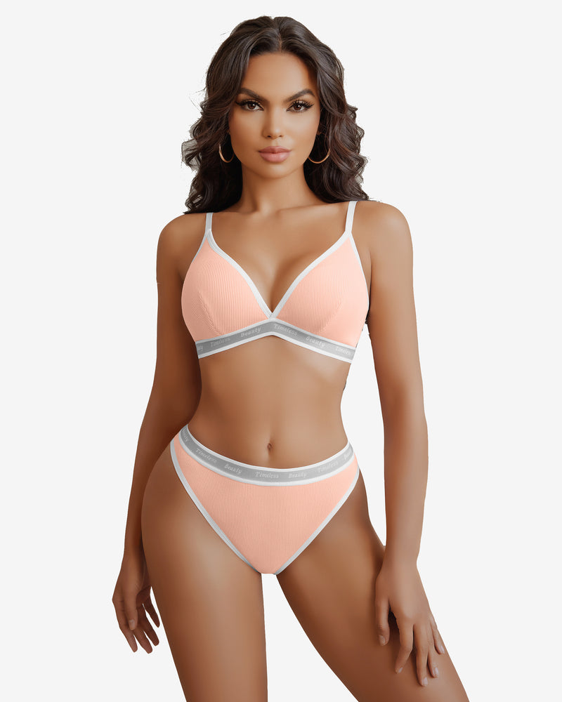 Contrast bra and panty set in nude with white trim and triangle cups