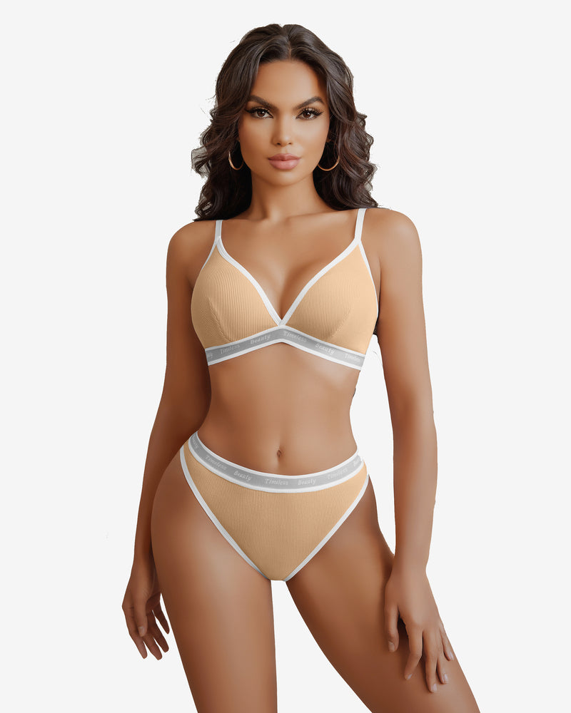 Contrast bra and panty set in nude with white trim and triangle cups