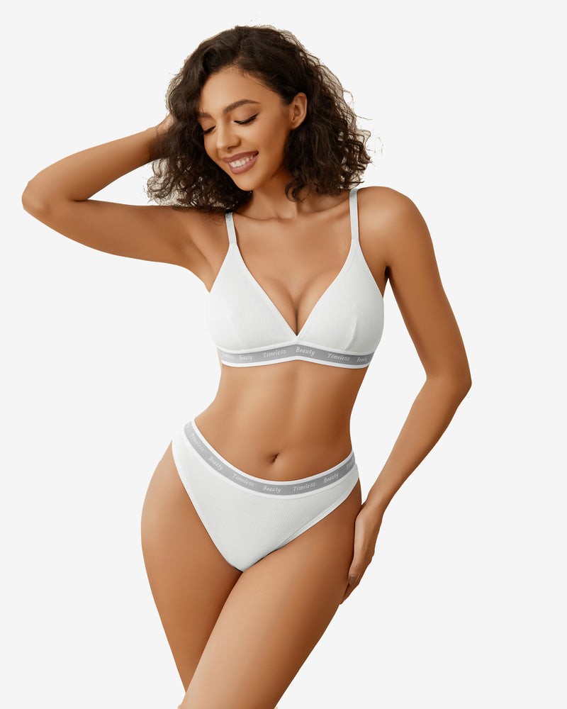 White bra and panty set with contrast waistband and V-neck cups