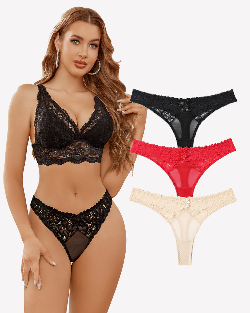 Low-waist black lace mesh thong with scalloped trim and central bow detail