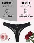 Black lace low-waist thong panties with bow detail and sheer mesh front
