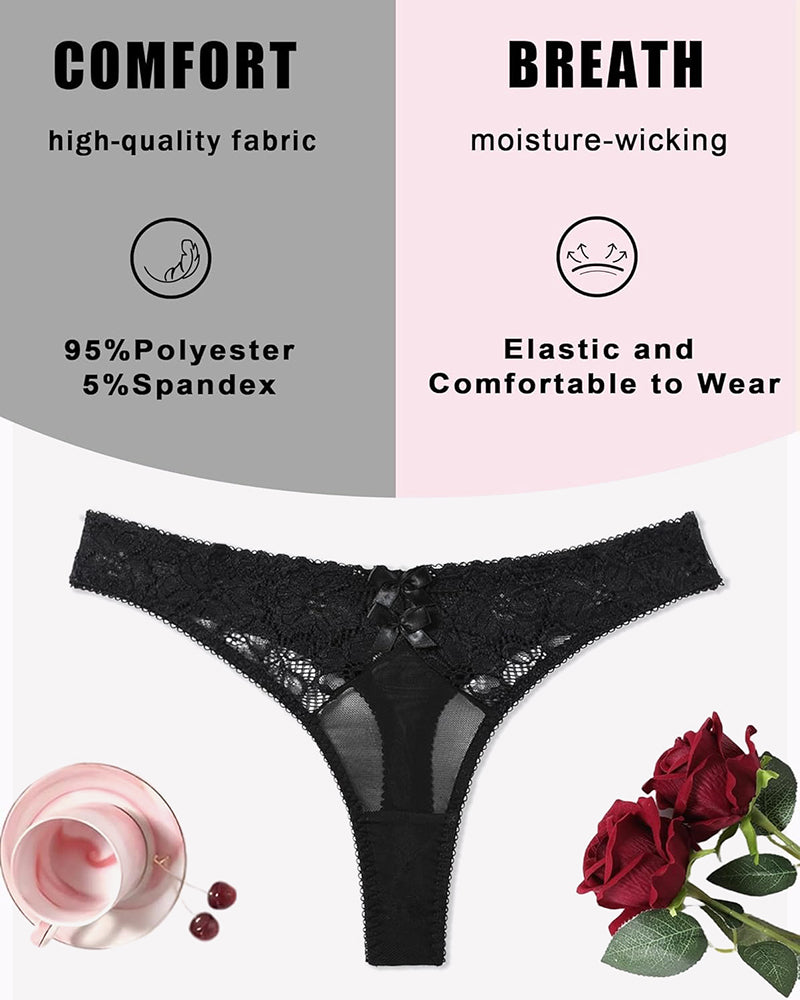 Black lace low-waist thong panties with bow detail and sheer mesh front
