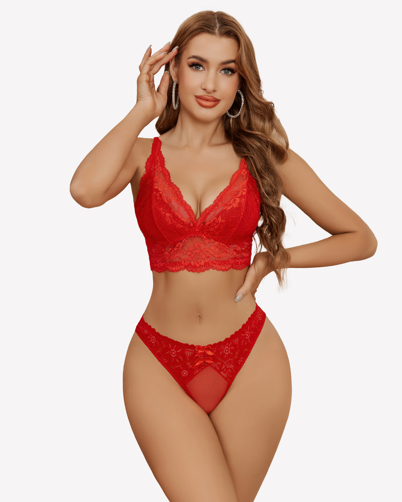 Red mesh lace low-waist thong panties with scalloped lace trim and sheer panel