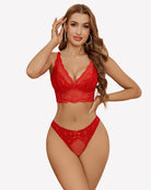 Red mesh lace low-waist thong panties with scalloped lace trim and sheer panel
