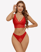 Red lace low-waist thong panties with sheer V-front and lace trim