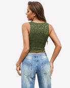 Army green lace tank top shown from the back with racerback and fitted hem