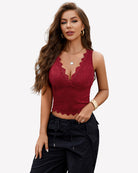 Red lace tank top with scalloped V neckline and fitted waist