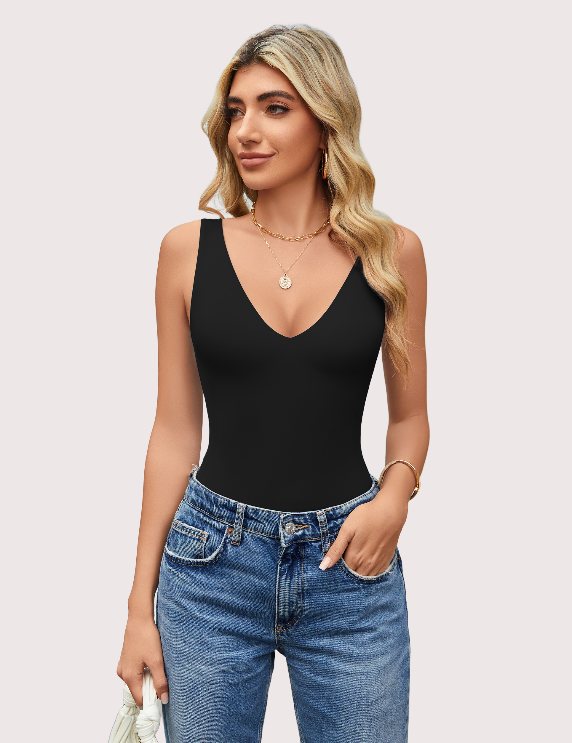 Double-lined bodysuit leotard, black V-neck front, sleeveless one-piece