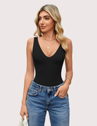 Double-lined bodysuit leotard, black V-neck front, sleeveless one-piece