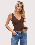 Double-lined bodysuit leotard, dark brown V-neck sleeveless one-piece, fitted