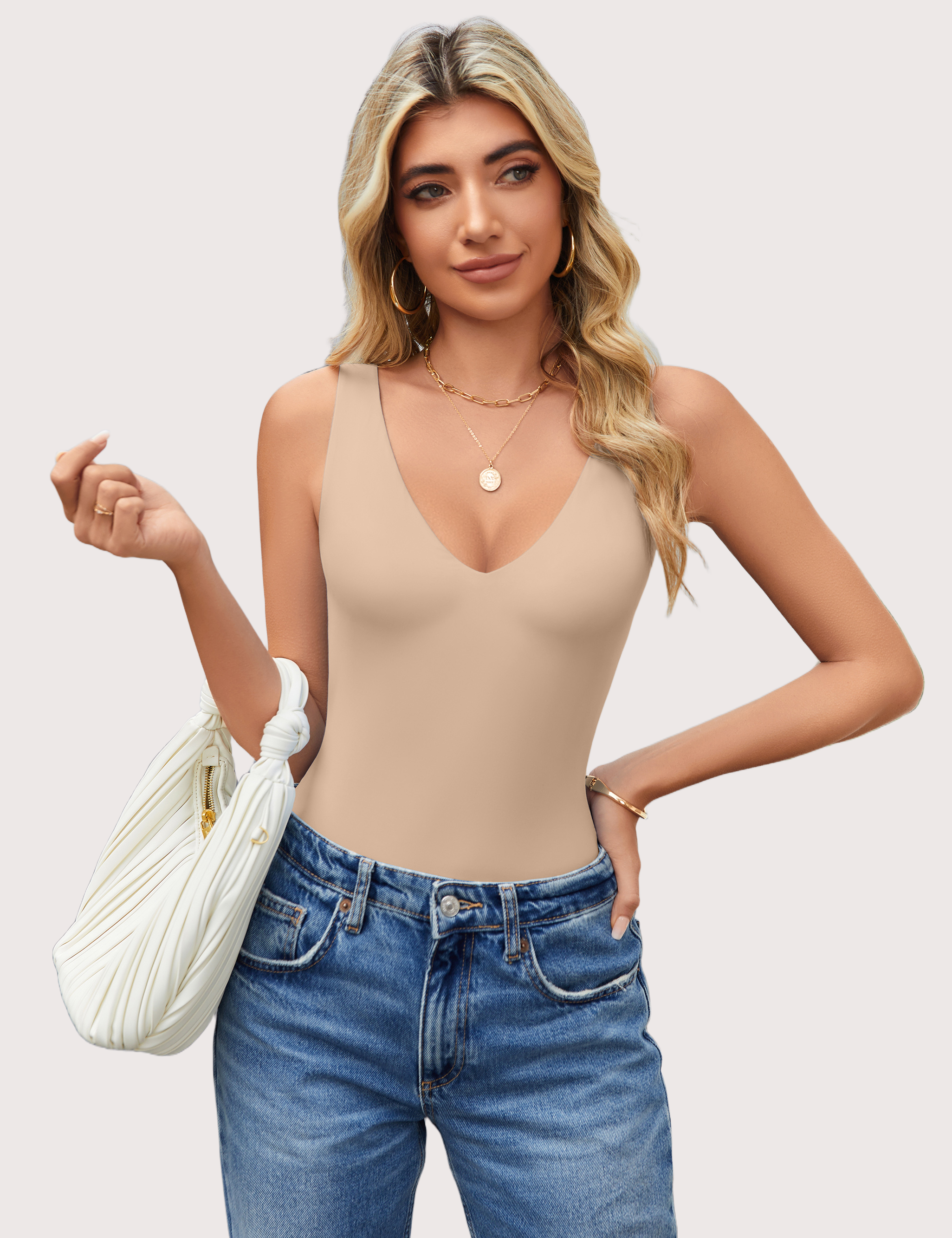 Double-lined bodysuit leotard in nude beige, deep V neck, sleeveless front